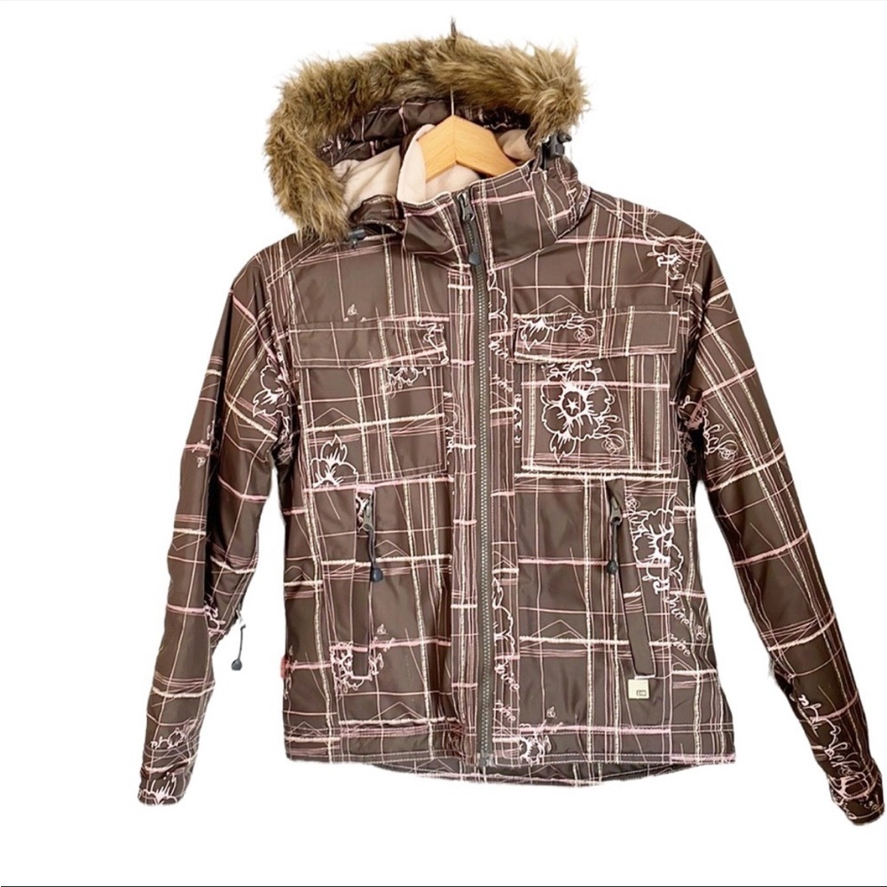 E 408 kids girls faux fur trim hoodied winter ski snow jacket size L
